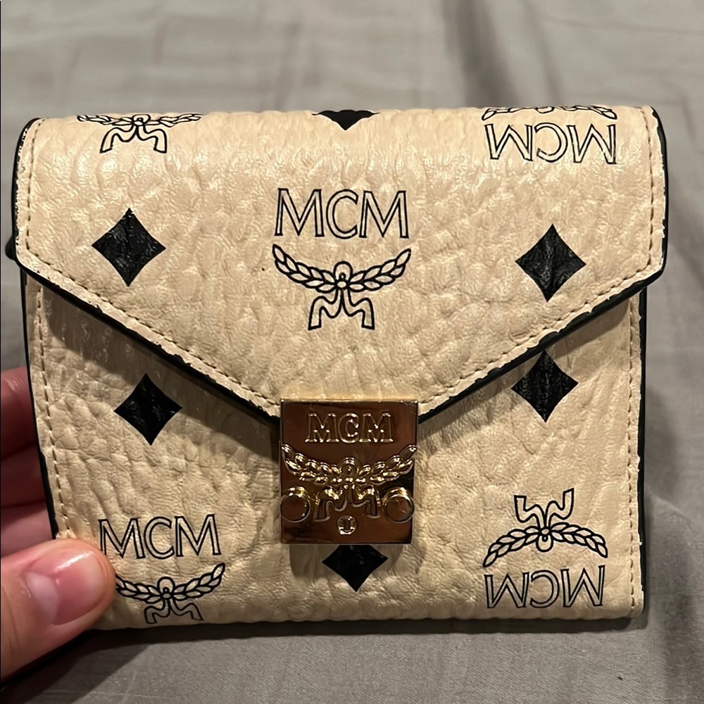 MCM Cream and Black Wallet with Signature Monogram